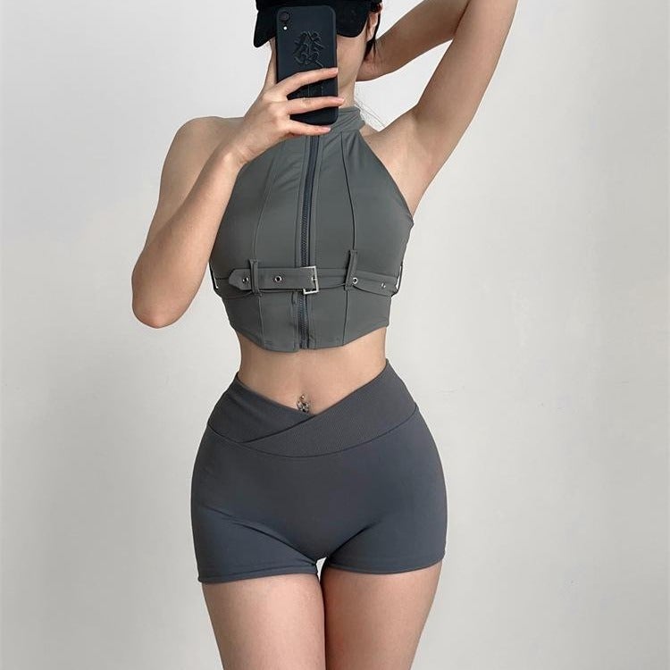 Motorcycle Style Sports Vest With Chest Pad Fitness Top Yoga Clothes Training Clothes Spice Girls Sleeveless Buckle - Image 4